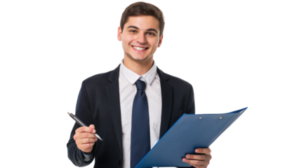 Confident man in suit holding clipboard and pen. transparent background.