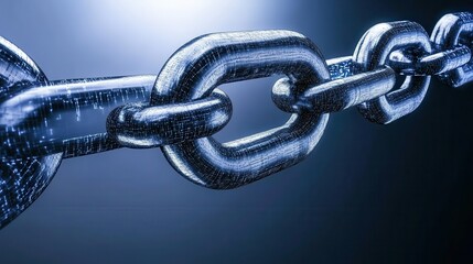 Metal chain links under dark blue light highlighting strength and unbreakable connection emphasizing security and reliability network concept