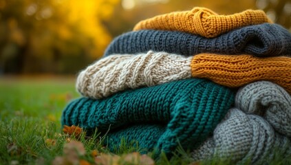 A pile of knitted sweaters on a grassy field