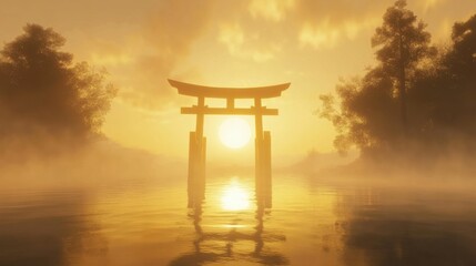 Fototapeta premium Torii Gate Standing Alone in Misty Waters