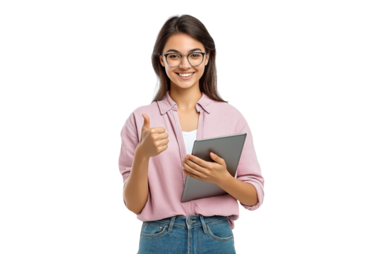 Young female student showing thumb up and holding a tablet, isolated on transparent background