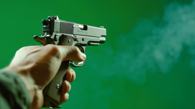 Handgun firing with muzzle flash and smoke on vibrant green backdrop