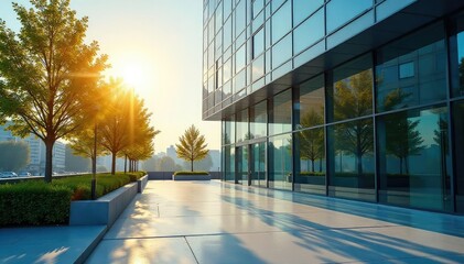 Modern glass office building exterior, reflecting sunlight , business, downtown