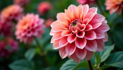 Intricate dahlia blooms, vibrant petals, lush foliage, dahlia, bright