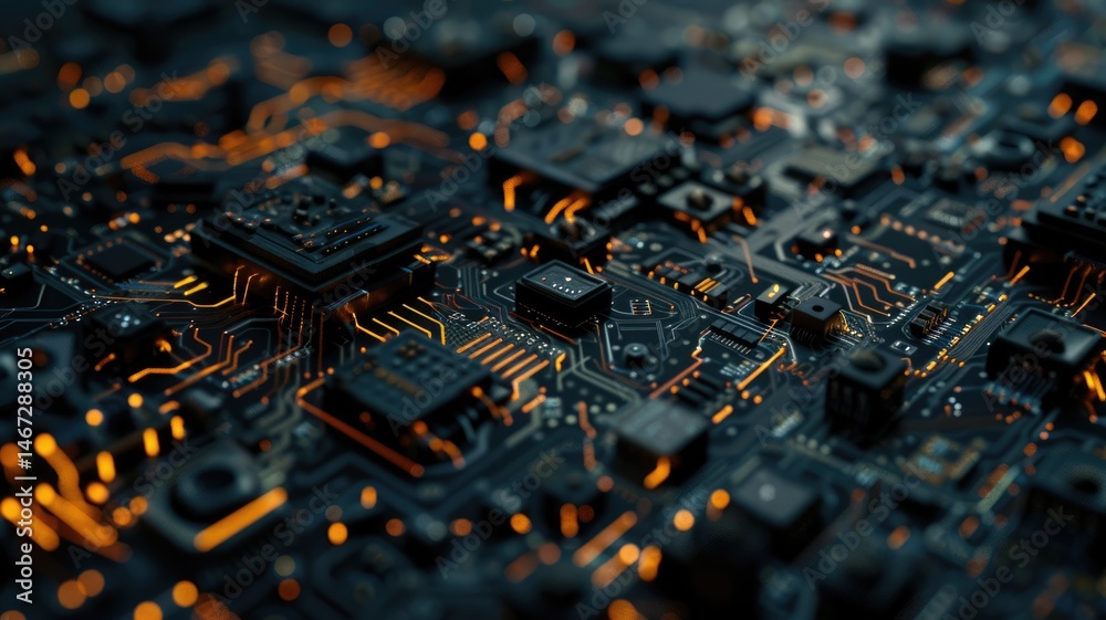 Fototapete abstract picture of chip on complex circuit with digital technology style design and the electric li