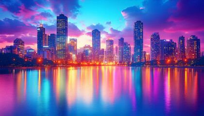 Fototapeta premium Vibrant City Skyline at Sunset with Colorful Reflections
