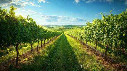 Lush Vineyard Landscape Under Clear Blue Sky and Bright Sunshine