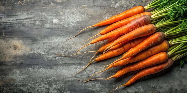 Freshly harvested carrots laid on a weathered grey stone background with some of them leaning against each other , rustic, natural
