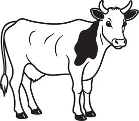 Cow vector illustration on white background, silhouette, line art, outline, icon black and white