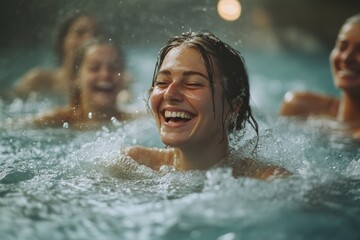 Obraz premium A woman is smiling and splashing water in a pool with other people
