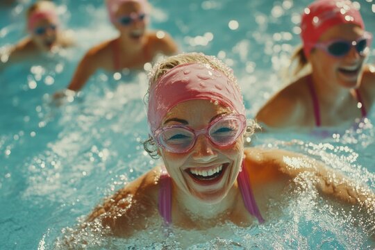 A group of young women are smiling and laughing while swimming in a pool - Powered by Adobe