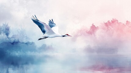 Japanese Crane Flying Over a Peaceful Lake