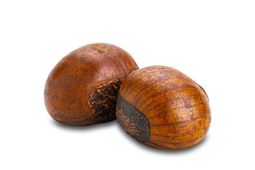 Closeup view of two chestnuts isolated on white background.