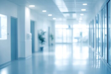 Empty hospital corridor, daylight, clean, sterile, blurred background