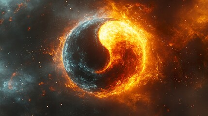 Obraz premium Fiery and frosty spheres merging in a smoky yin-yang design representing harmony and conflict 