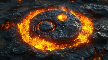 Fiery yin-yang concept with textured stone surface and multicolored flame effects 