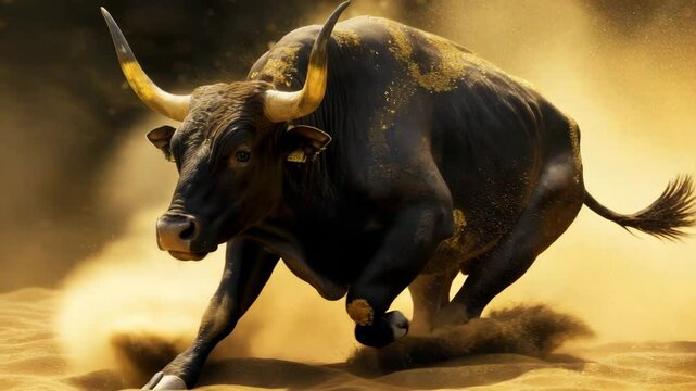 A ferocious bull runs through the sand, raising dust behind him
