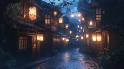 Old Kyoto Street with Hanging Lanterns at Night