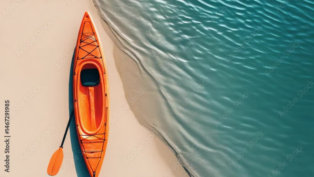 Poster orange kayak and paddle are resting on a sandy beach beside tranquil turquoise water, creating a ser