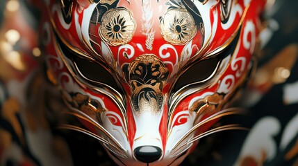 Japanese Fox Mask with Intricate Red and Gold Detail