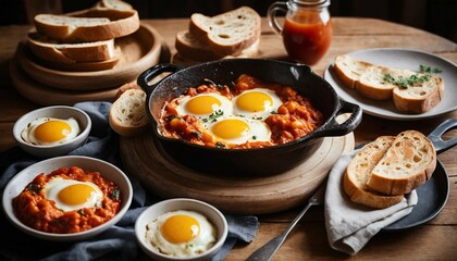 Shakshuka Breakfast Feast: Eggs in Tomato Sauce with Toasted Bread