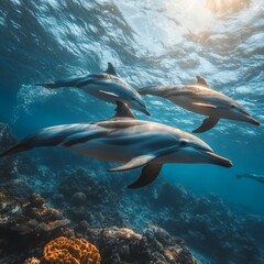 Obraz premium Underwater Dolphins Swimming in Crystal Ocean Waters