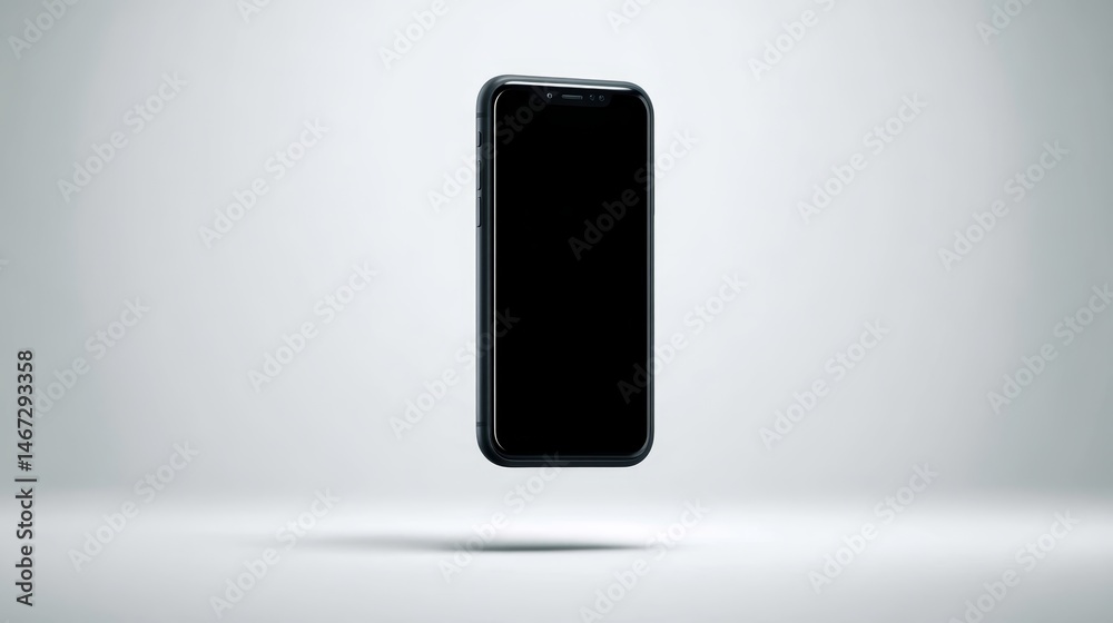 Poster a sleek smartphone hovers effortlessly in mid-air on a pure white background, casting a faint shadow