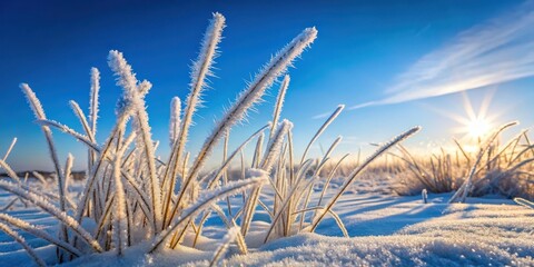 Frozen blades of grass stand upright against a clear blue winter sky with a subtle hint of frost on the ground, cold weather, winter landscape photography