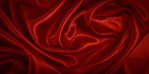 Red silk satin background. Beautiful soft wavy folds on smooth shiny fabric. Anniversary, Christmas, wedding, valentine, event, celebration concept. Red luxury background with copy space for design.