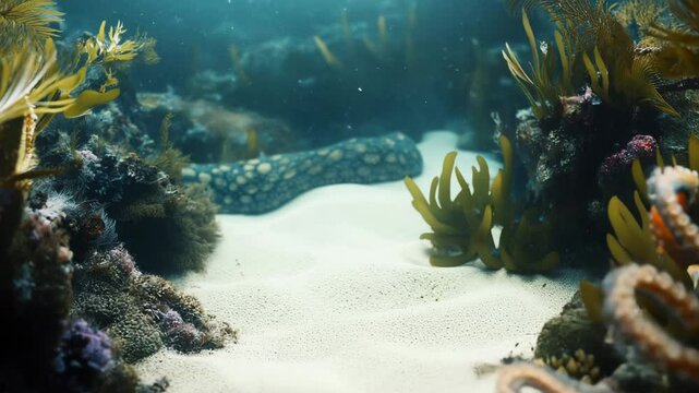 A large octopus with a blue and white pattern on its body is swimming in the ocean. The image has a calm and peaceful mood, as the octopus is surrounded by seaweed and rocks