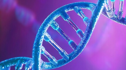 3d Render of Glowing Blue Dna Strand Floating In Digital Science Lab With Futuristic Visuals Over Colored Background Representing Genetic Research