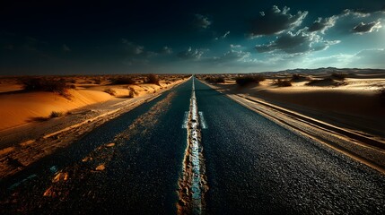 Straight asphalt highway stretching through dry desert dunes under dramatic sky with clouds, inspirational open road trip travel adventure freedom concept, perspective leadinglines destination horizon