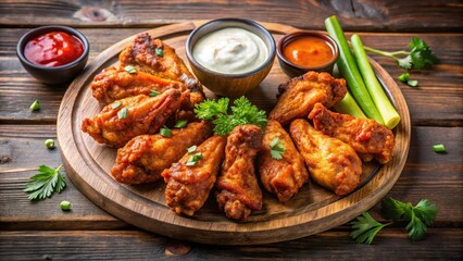 Fototapeta premium Crispy buffalo hot chicken wings on a wooden platter with dipping sauces , hot chicken, utensils, hot chicken, utensils, recipe