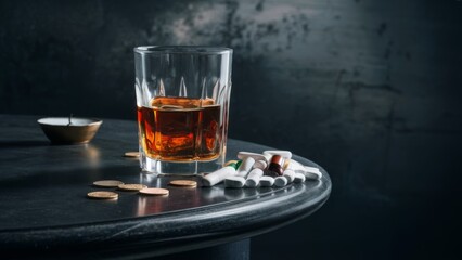 Drug addiction and alcoholism. A glass of alcohol and pills on the table.