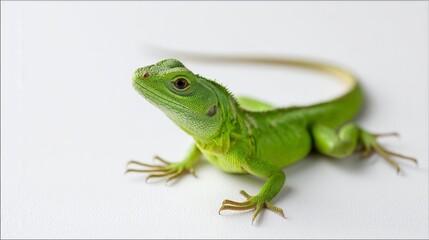Fototapeta premium Close-up view of a bright green lizard highlights its textured scales and unique features, isolated on a white backdrop, offering plenty of space for text or design