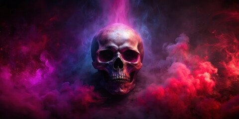 Dark abstract background with a ghostly skull set against a deep red and purple hues, eerie and foreboding atmosphere evoking feelings of dread and unease , ghost, abstract