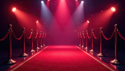 Glamorous red carpet event, spotlights shining on the entrance , theatre, scene, illumination