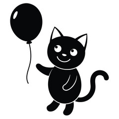 Adorable Black Cat with Balloon Cute Cartoon Illustration