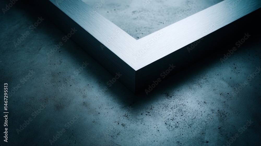 Poster A close-up shot showcases an elegant silver geometric frame positioned against a deep navy backdrop, creating a striking contrast with blank space on one side