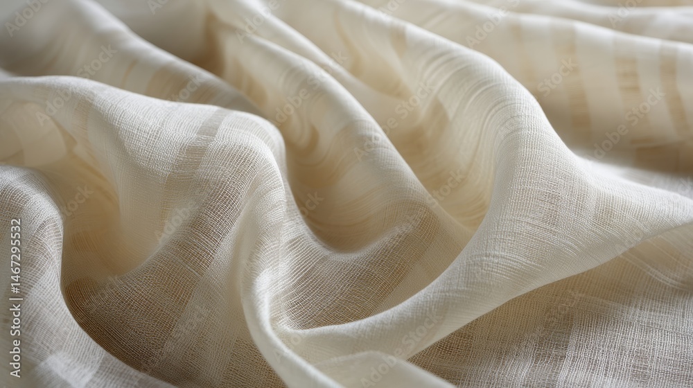 Leinwandbilder Soft sheer silk fabric with subtle geometric patterns gracefully drapes over an ivory surface, providing an elegant canvas ideal for design projects and styling