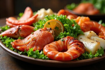 Fresh seafood buffet spread, abundant shellfish & fish , platter, cold