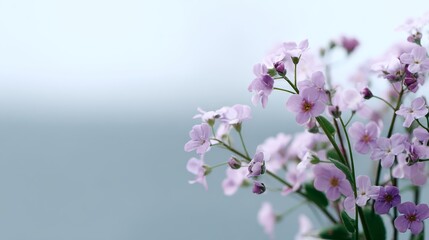 A close-up of pale lavender forget-me-not flowers showcases their intricate beauty, with soft colors blending seamlessly into a gentle, muted background