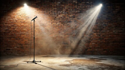 Abandoned stage with a single spotlight shining on an empty microphone stand amidst bricks and dust, abandoned