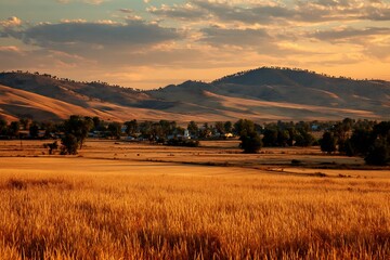 Obraz premium Bright sunset hues on hills with golden wheat 