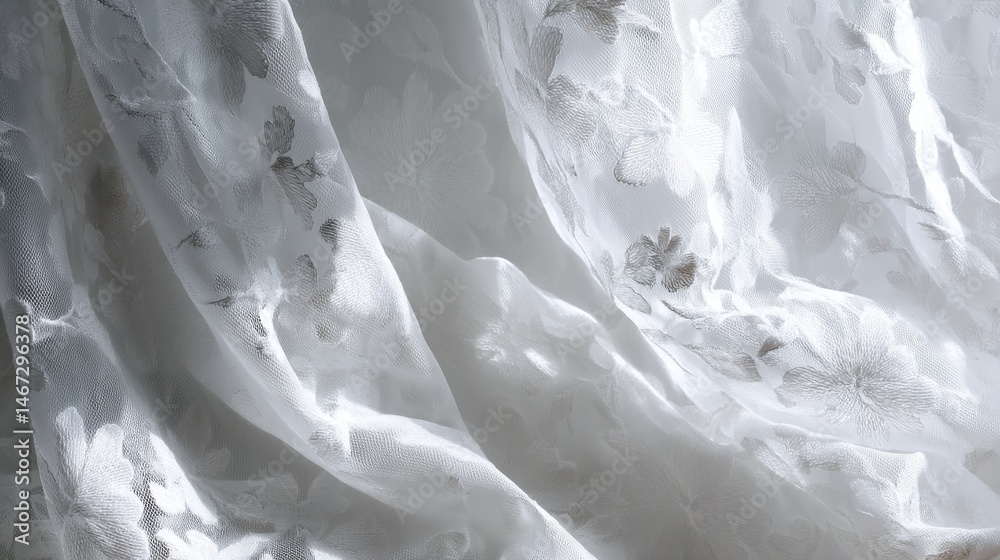 Poster close-up of a delicate lace curtain featuring intricate floral patterns, softly illuminated and drap