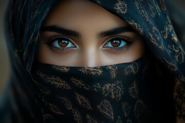 Naklejka premium A woman with brown eyes is wearing a black scarf that covers her face