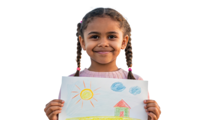 Smiling girl holding a colorful drawing of a house and sun. transparent background.