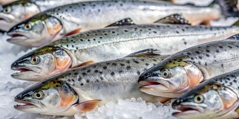 Fresh fish sea trout on market ice display, fishing industry, fish auction,  fishing industry