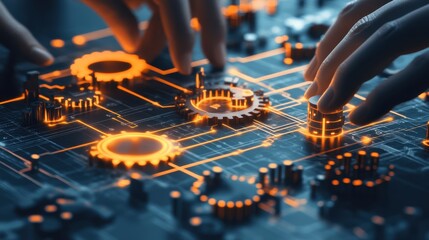 Hands assembling futuristic mechanism representing ai development machine learning robotic integration complex technology connection