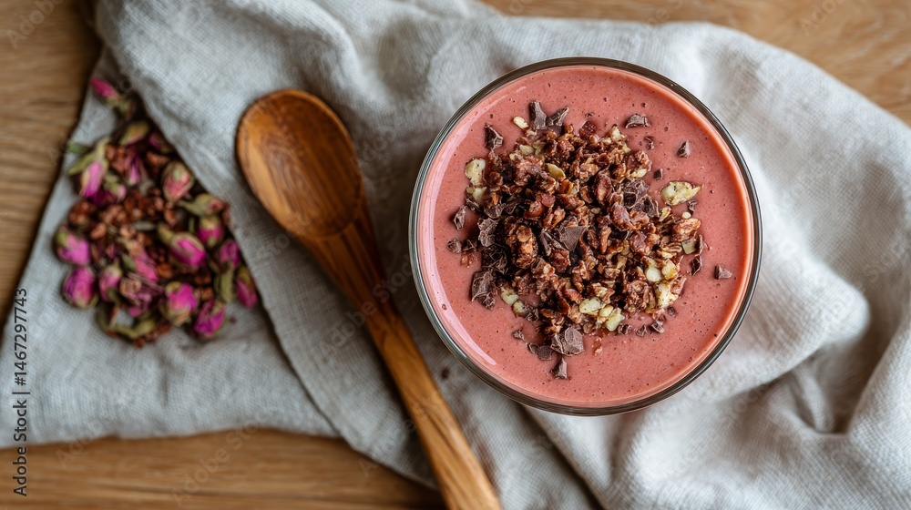 Poster a refreshing smoothie in a clear glass, garnished with chopped nuts and chocolate, sits on a light w